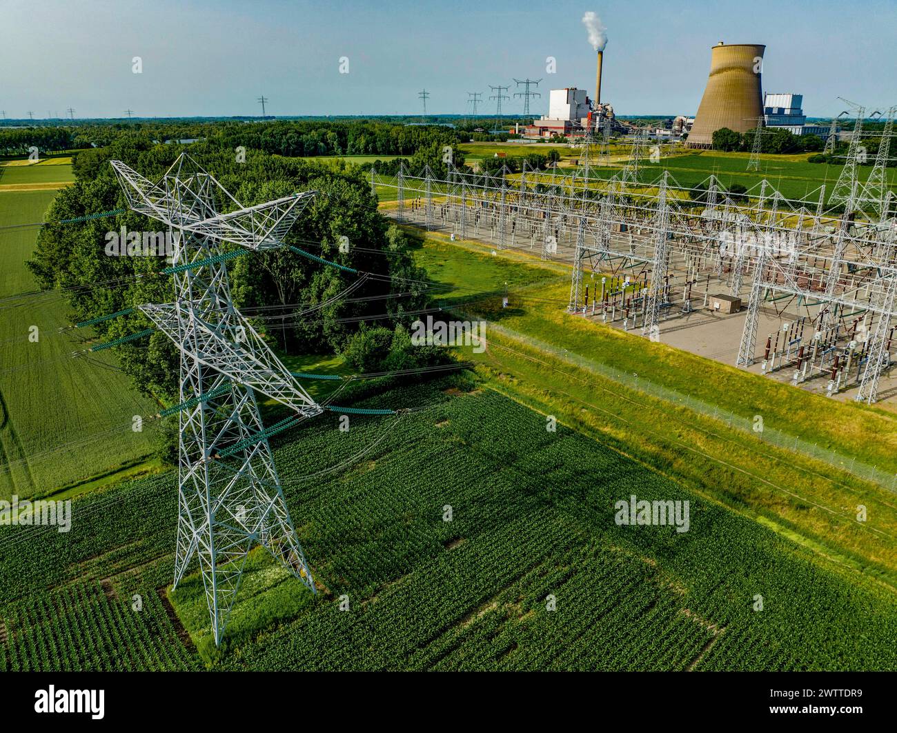 Vista aérea de líneas eléctricas que conducen a una planta industrial en medio de campos verdes Foto de stock