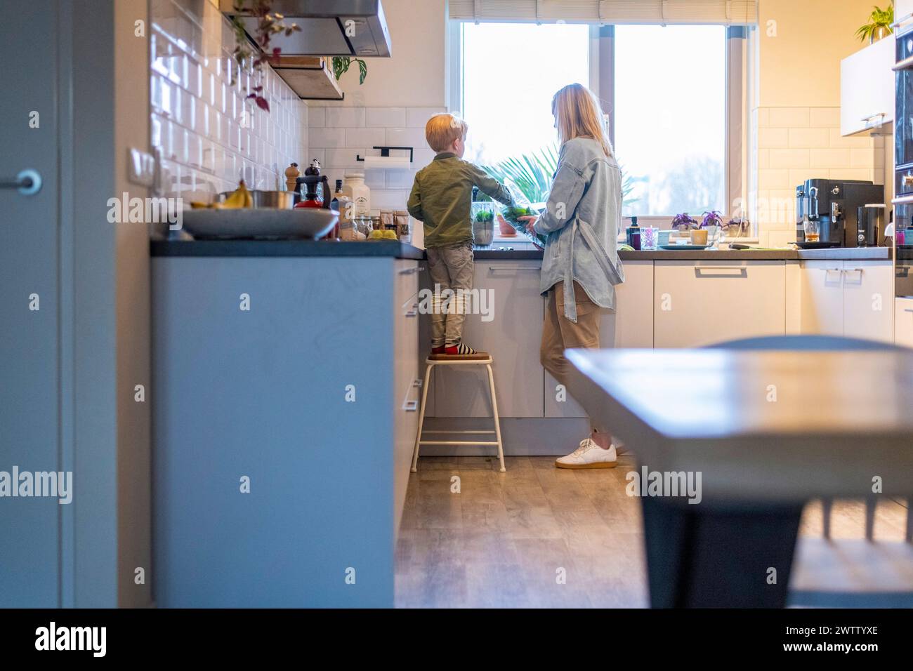 Un niño ayuda a un adulto a cocinar en una acogedora cocina bañada por una cálida luz natural. Foto de stock