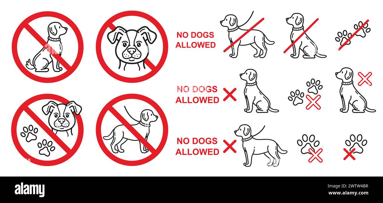 No se permite ningún animal de perro, signo de prohibición, entrada de mascotas prohibida, peligro para el icono de la línea canina. No hay que caminar perrito en la zona pública. Símbolo de parada de advertencia. Vector Ilustración del Vector