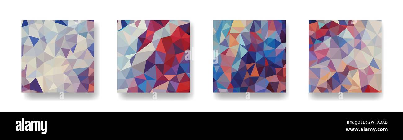 Volantes coloridos abstractos verticales de poli bajo, colecciones de cubiertas de tamaño cuadrado, fondos establecidos, beau moderno, geométrico, ciberpoligonal y multicolor Ilustración del Vector
