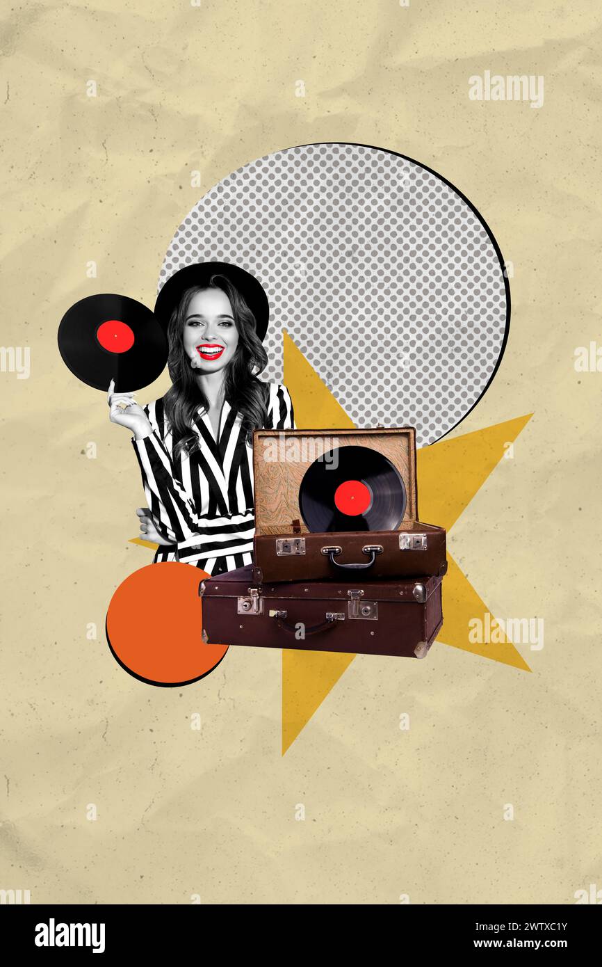 Foto vertical collage joven mujer bonita mantener placa de vinilo disco de música vintage meloman escuchar el maletín del partido del evento Foto de stock