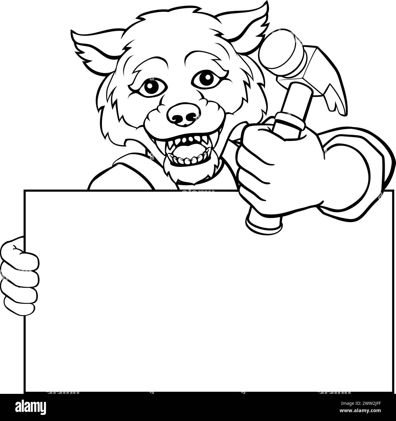 Lobo perro martillo mascota de dibujos animados Handyman Carpenter Ilustración del Vector