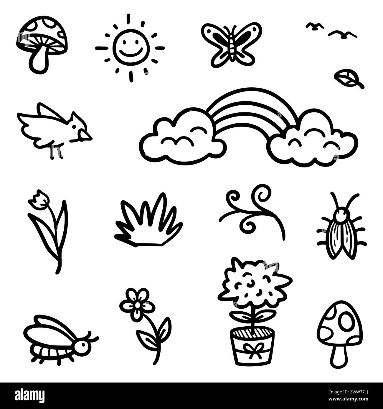 Dibujado a mano Doodle abstracto de los temas de primavera incluyen de objetos y la naturaleza en la ilustración vectorial Ilustración del Vector