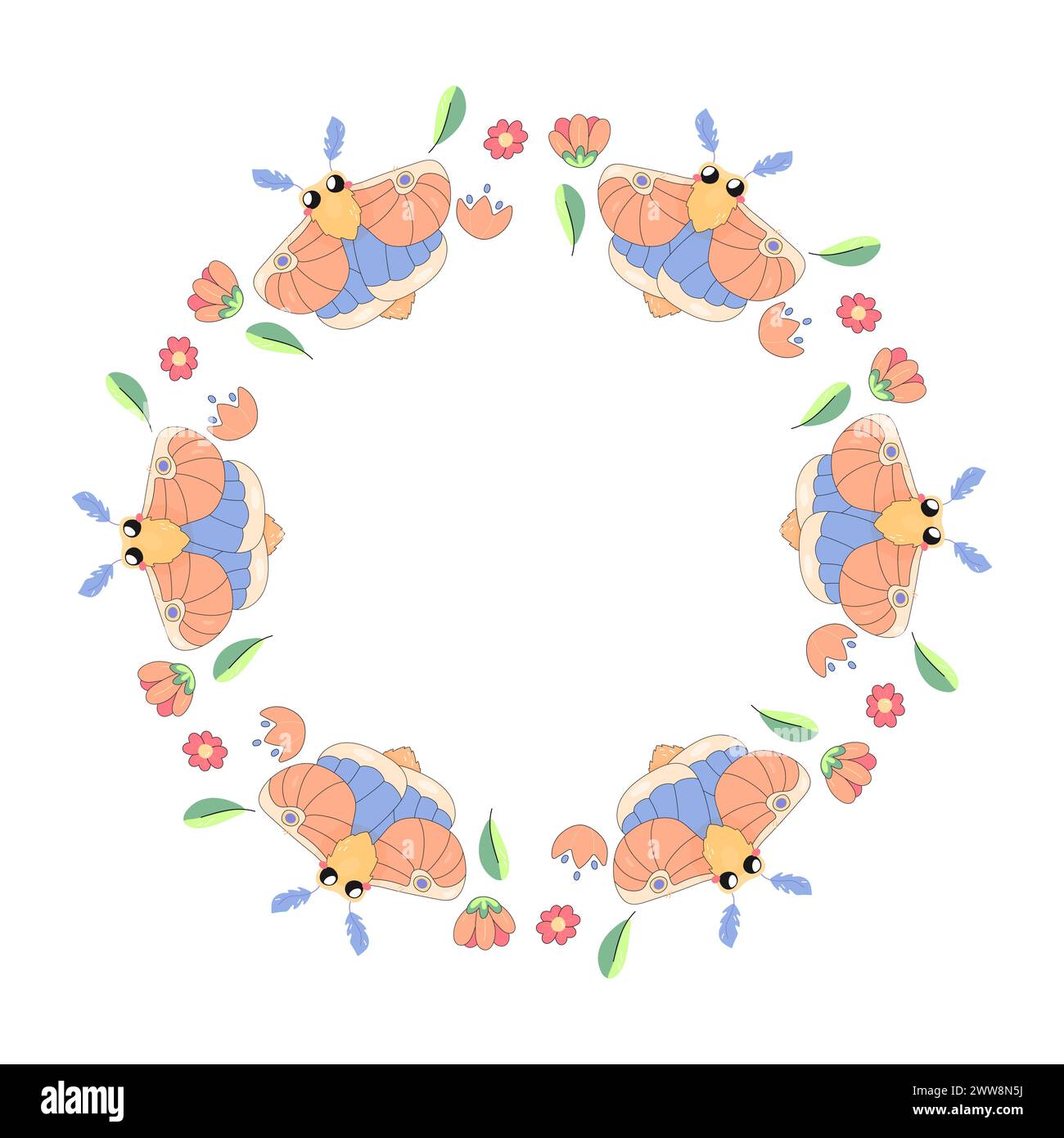 Enhorabuena marco, con flores, plantas y polilla de arce, insectos mariposas. en blanco Ilustración del Vector