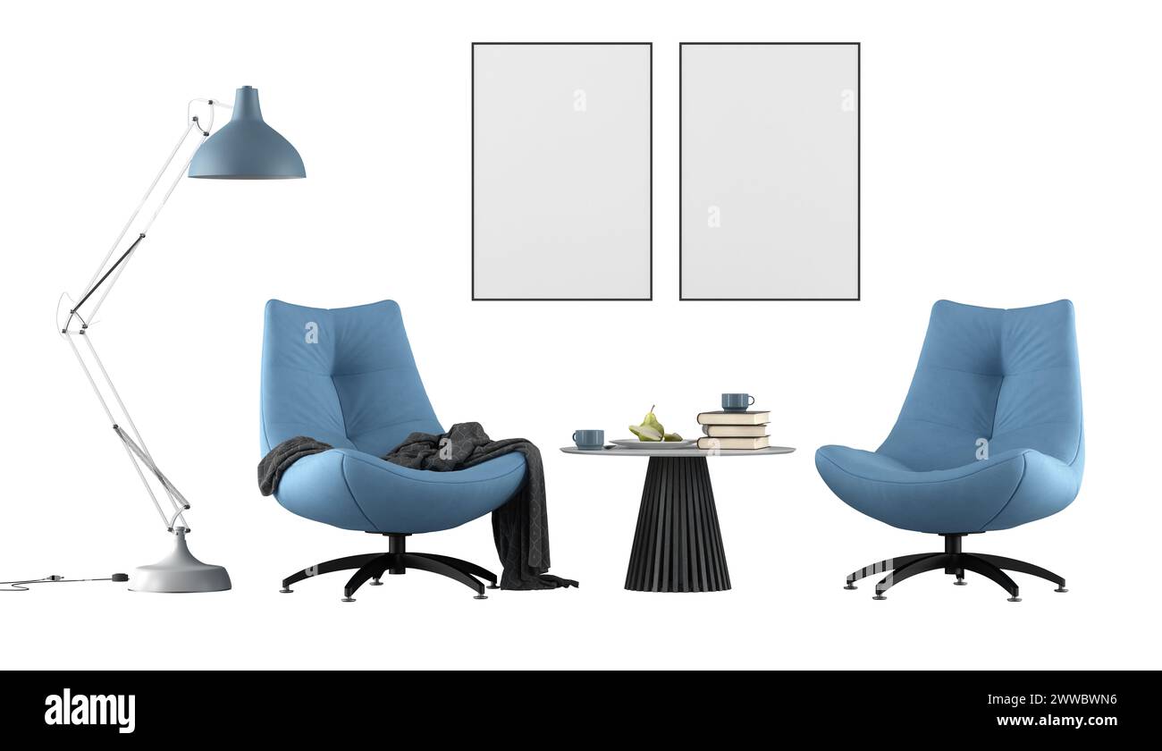 Conjunto de sala de estar con dos sillones modernos, mesa auxiliar, lámpara de pie y marco de imagen en blanco, aislado en fondo blanco - representación 3D. Foto de stock