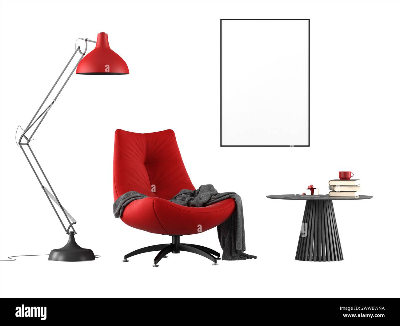 Esquina de lectura con lámpara de pie de sillón rojo y mesa auxiliar aislada sobre fondo blanco - representación 3D. Foto de stock