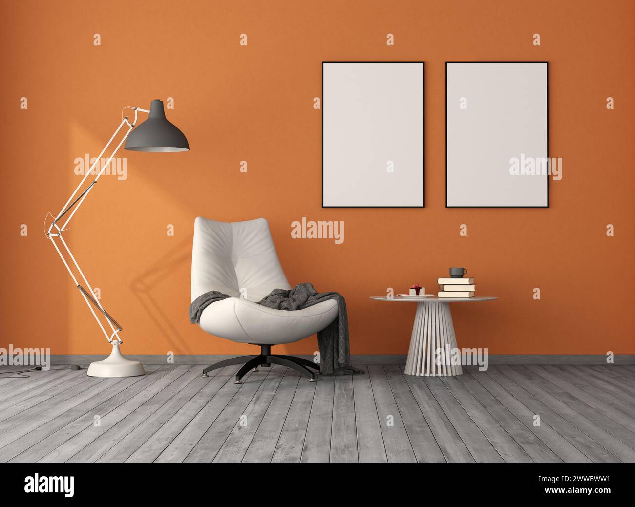Interior acogedor con silla de salón blanca, lámpara y marcos de arte de pared vacíos - representación 3D. Foto de stock