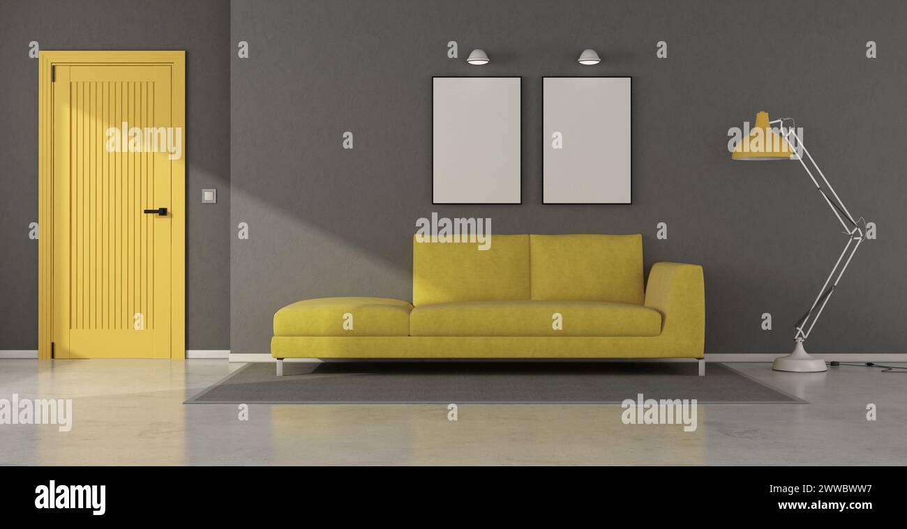 Elegante espacio de vida con un sofá amarillo, marcos en blanco para obras de arte, decoración minimalista y puerta cerrada - representación 3D. Foto de stock
