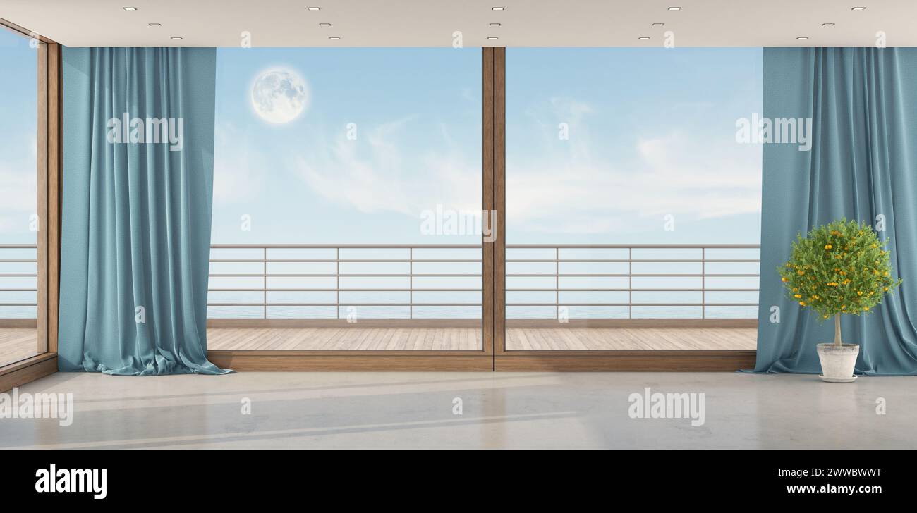 Elegante diseño interior con cortinas abiertas que revelan una escena del océano iluminada por la luna, que representa la tranquilidad - representación 3D. Foto de stock