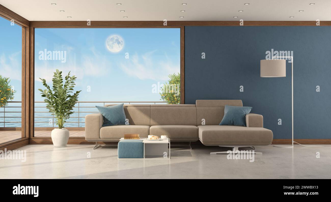 Sala de estar minimalista de una casa de mar con vista al mar - representación 3D. Foto de stock