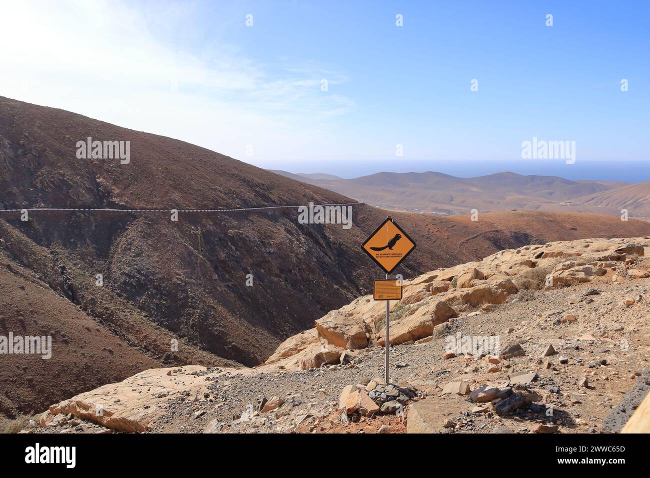 'No alimentar a la ardilla' signo de precaución en español e inglés, Fuerteventura en España Foto de stock