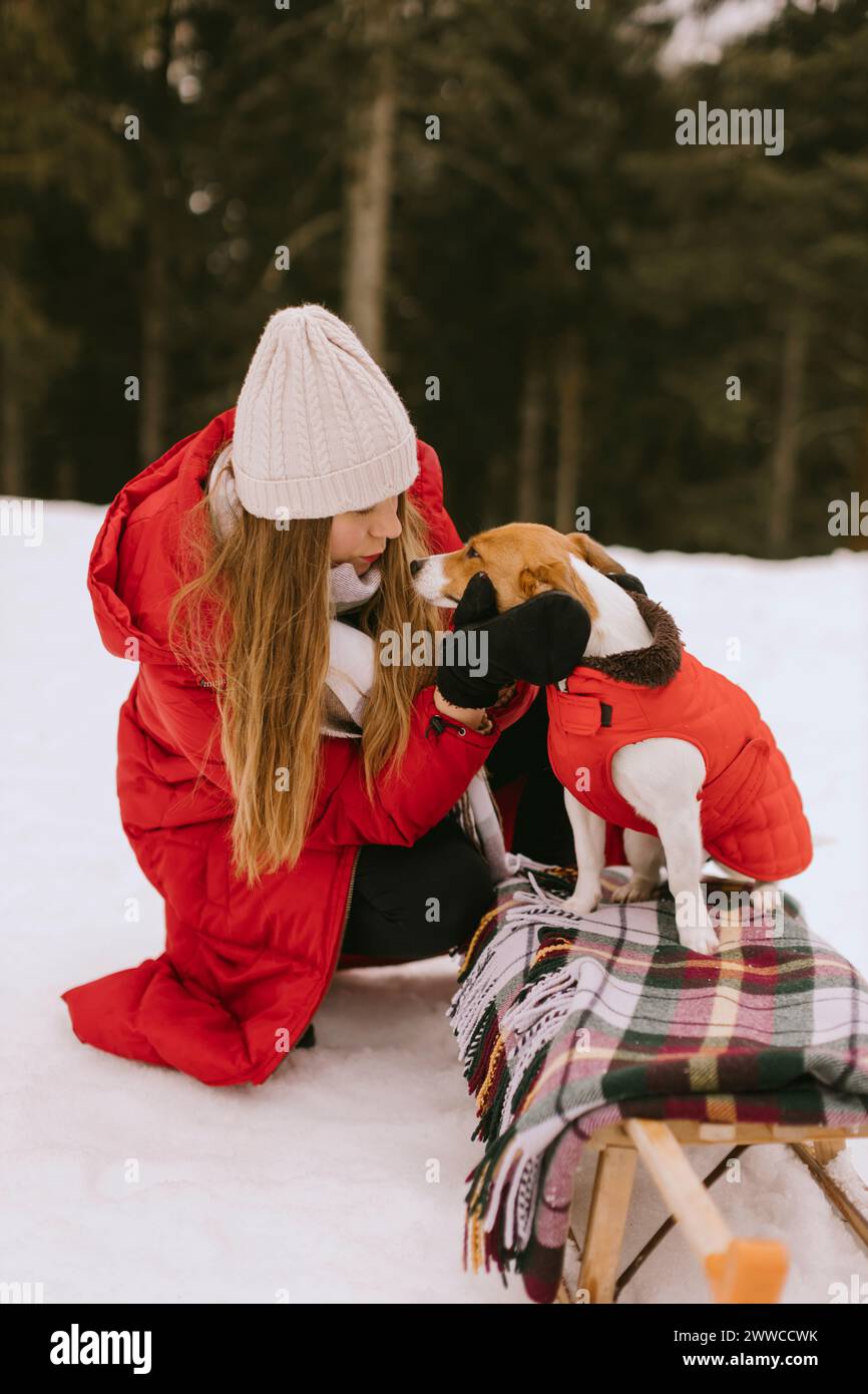 Mujer acariciando perro sentado en trineo en bosque de invierno Foto de stock