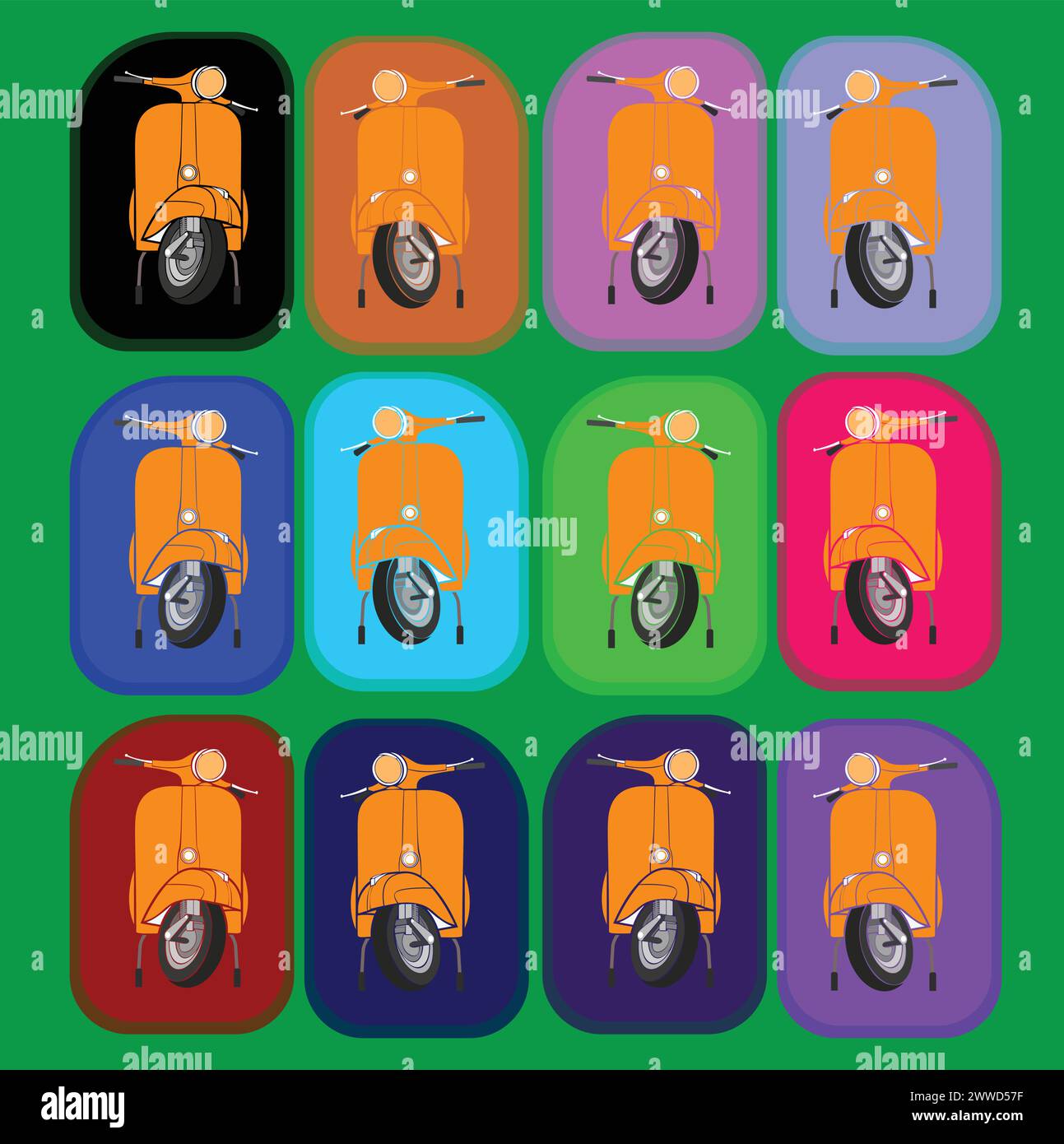 Icono de scooter colorido establecido en fondo colorido. Ilustración vectorial. Ilustración del Vector