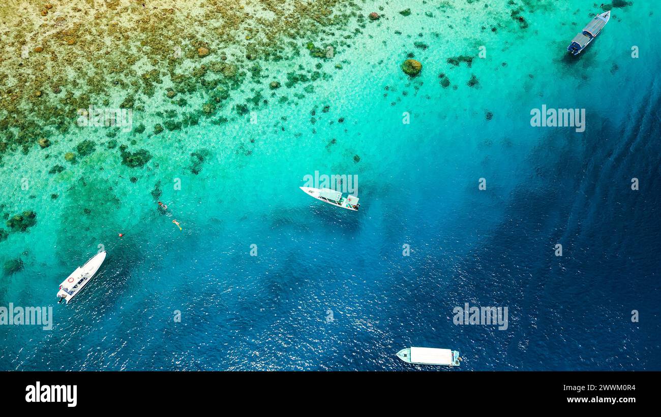 Nadadores y buceadores desde barcos turísticos sobre un arrecife de coral tropical en un océano claro, azul y cálido Foto de stock