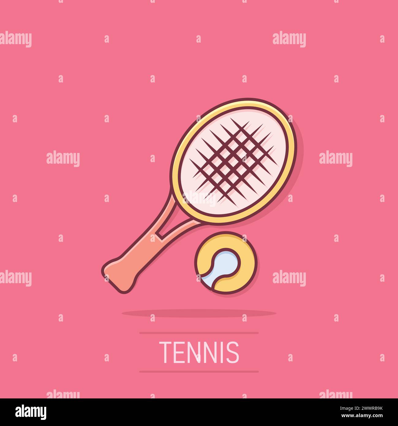 Icono de raqueta de tenis de estilo cómic. Ilustración de vector de dibujo animado de raqueta de juegos sobre fondo aislado. Actividad deportiva efecto salpicadura signo de negocios conce Ilustración del Vector