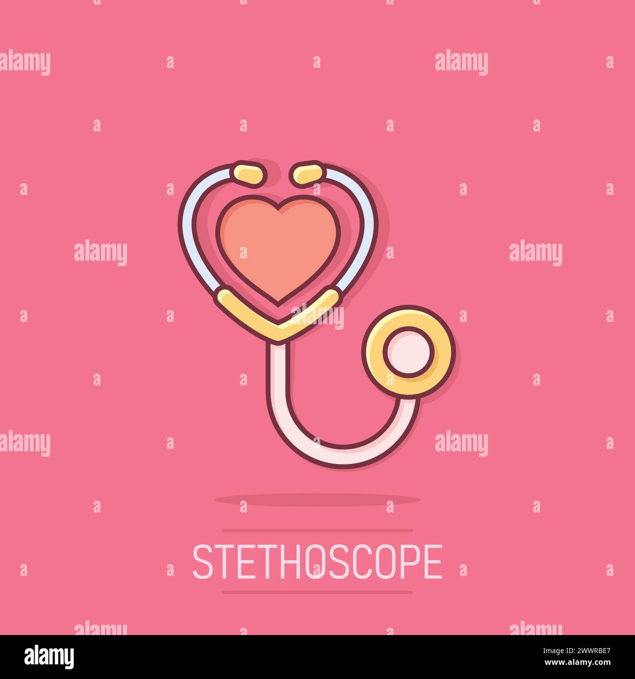 Icono de estetoscopio en estilo cómic. Ilustración de vectores de diagnóstico de corazón sobre fondo aislado. Concepto de negocio de signo de efecto salpicadura de medicina. Ilustración del Vector