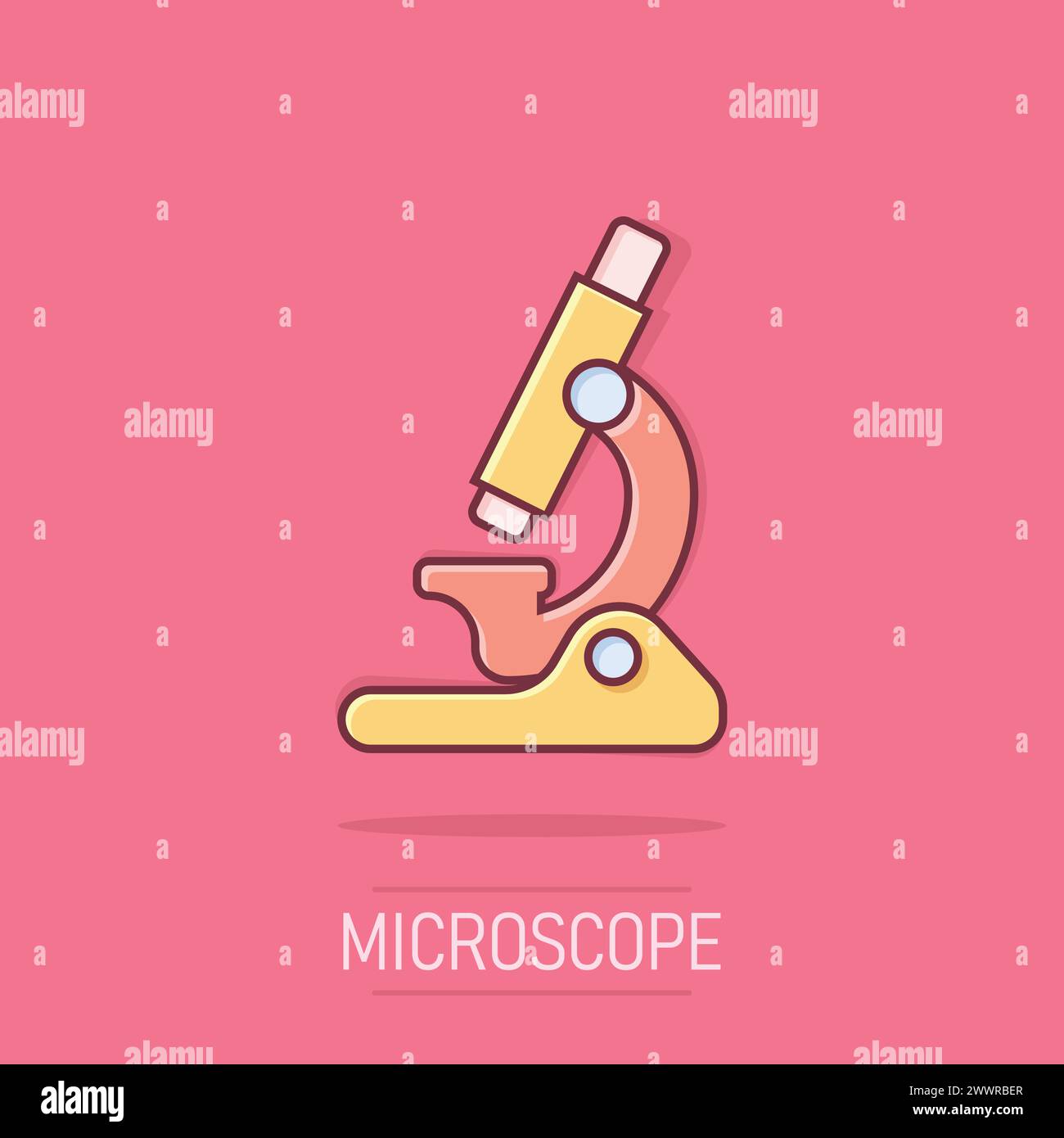 Icono de microscopio en estilo cómic. Ilustración de vector de dibujo animado de lupa de laboratorio sobre fondo aislado. Biología instrumento efecto salpicadura signos negocios Ilustración del Vector