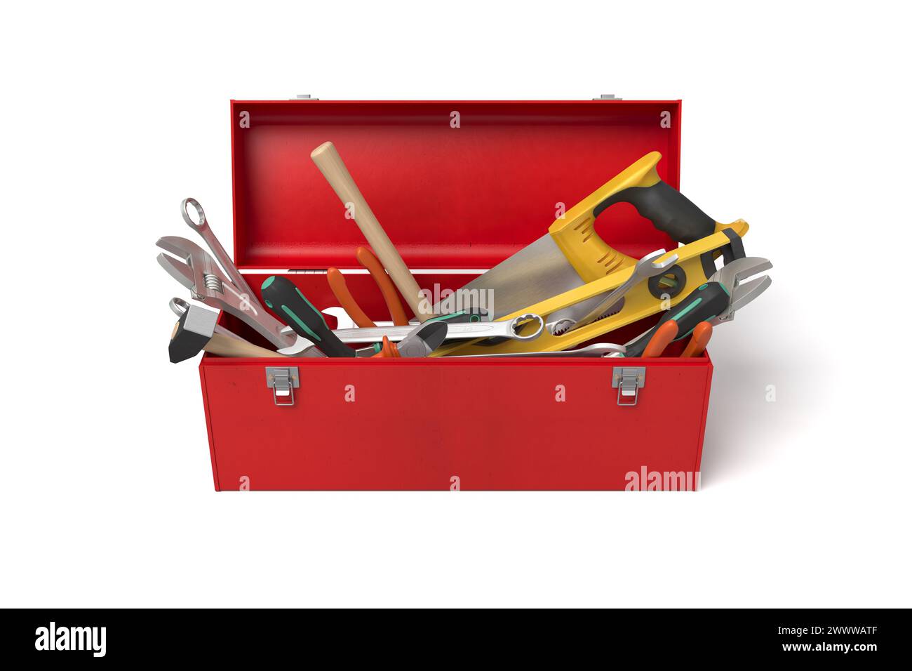Caja de herramientas roja con herramientas organizadas cuidadosamente Foto de stock