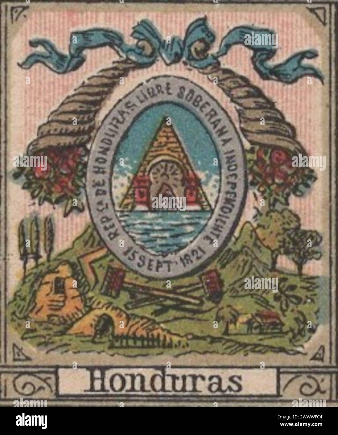 Rara pintura litográfica antigua de mediados del siglo XIX (1850s-1860s) sobre el escudo de armas de Honduras en idioma alemán / antike lithographie wappen von Honduras Foto de stock