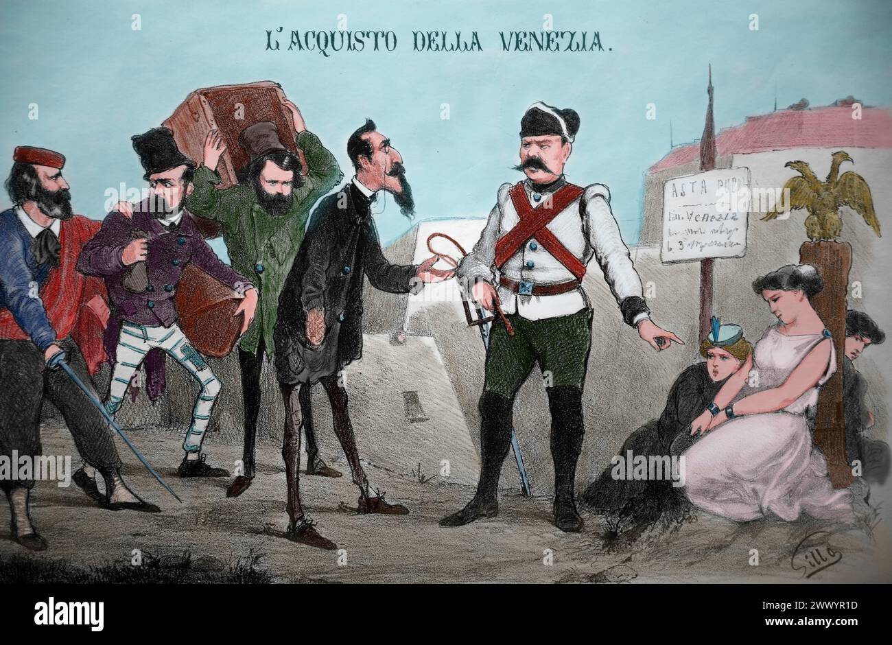 Risorgimento. Sátira política. Venecia todavía espera el freeedom. Litografía. 1865. Foto de stock