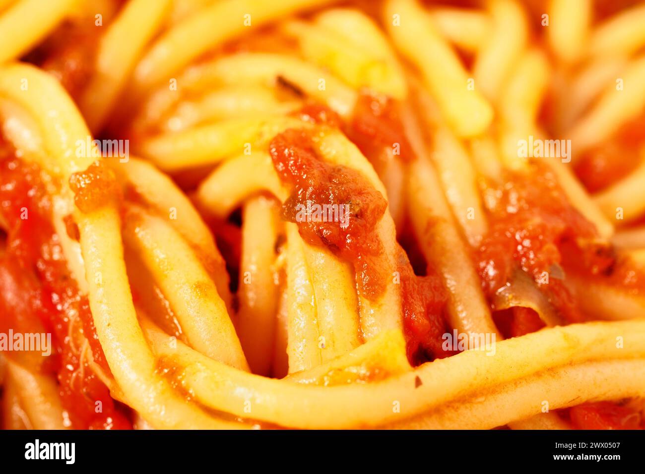 Marco completo de espaguetis de pasta y salsa de tomate, comida italiana tradicional Foto de stock