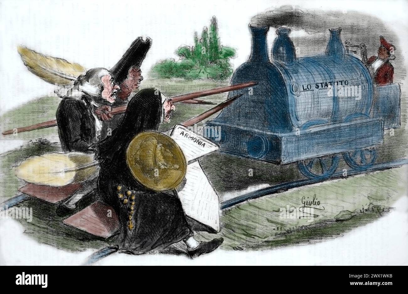 Reino de Italia. La resistencia de los clericalistas a la modernización. Litografía por G. Gorra. Il Fischietto, 1857. Foto de stock