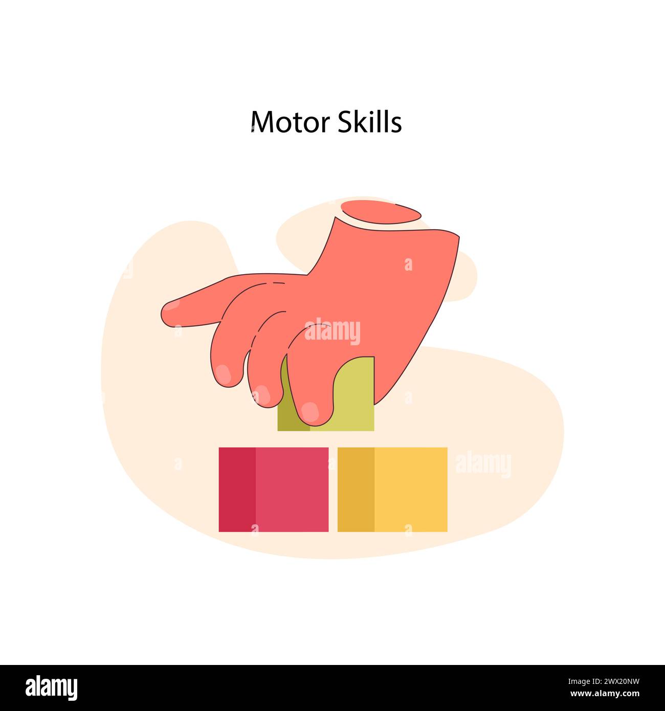 Concepto de habilidades motoras. Una ilustración gráfica de una coordinación de ajuste de la mano mediante el apilamiento de bloques, que simboliza el desarrollo de un control de movimiento preciso. Ilustración vectorial plana Ilustración del Vector