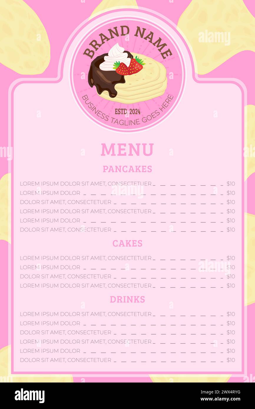 Rosa Pancake o Crepe plantilla de menú para panadería Ilustración del Vector