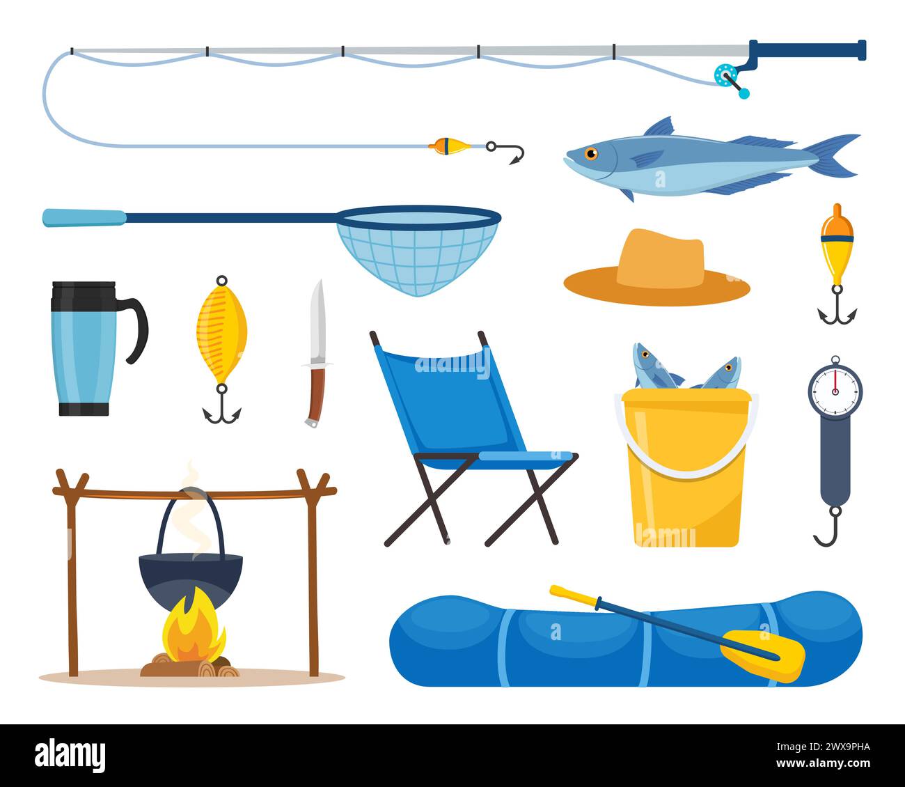Equipos y herramientas para la pesca. Caña de pescar, flotador, barco de goma inflable, red de aterrizaje, ropa de los pescadores, gancho, pescado, sombrero, linterna, botas. Al aire libre Ilustración del Vector