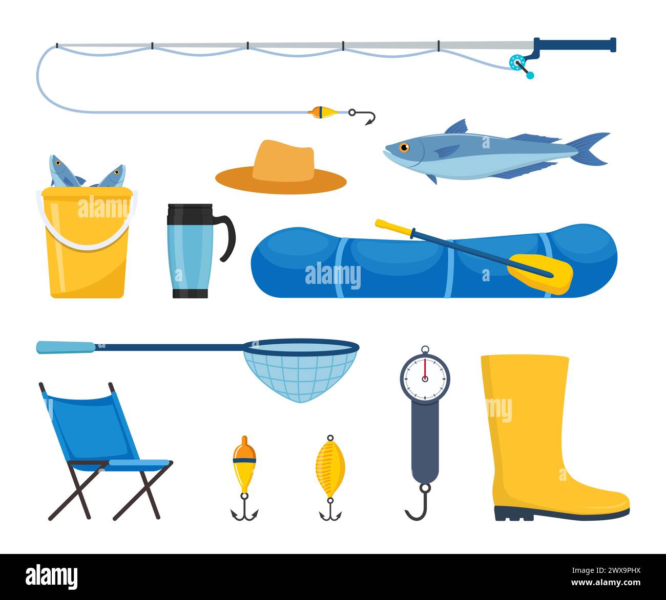 Equipos y herramientas para la pesca. Caña de pescar, flotador, barco de goma inflable, red de aterrizaje, ropa de los pescadores, gancho, pescado, sombrero, linterna, botas. Al aire libre Ilustración del Vector
