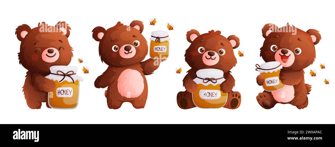 Un conjunto de cuatro osos sosteniendo un frasco de miel en sus patas. Oso lindo, abejas amigables y miel en un recipiente de vidrio. Estilo de dibujos animados, ilustración vectorial Ilustración del Vector