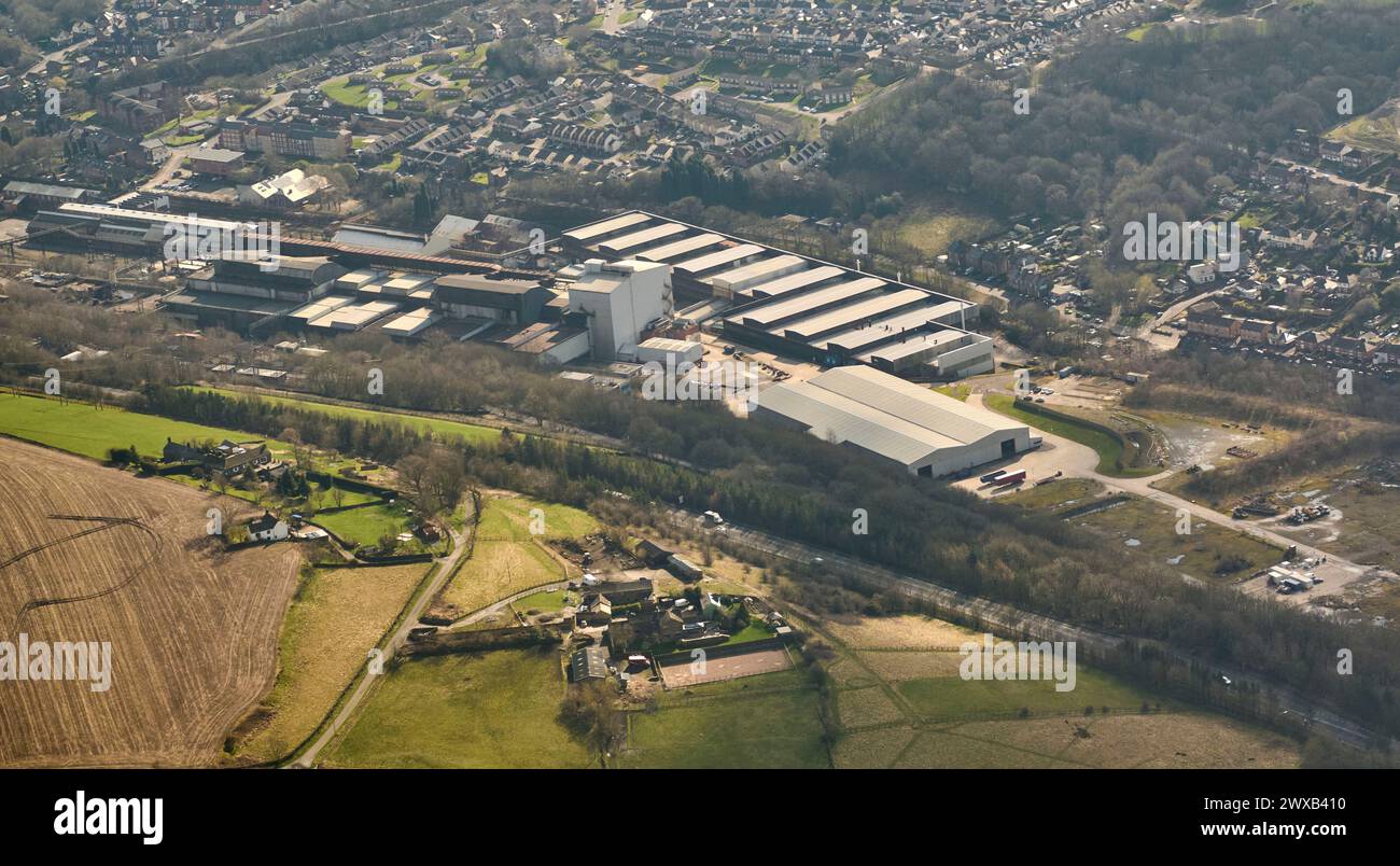 Vista aérea de Liberty Speciality Steels, Stockbridge Steel Works, al norte de Sheffield, al sur de Yorkshire, al norte de Inglaterra, Reino Unido Foto de stock