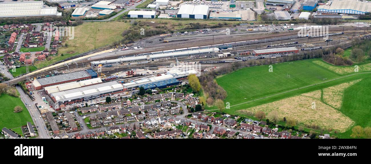 Neville Hill Traincare Depot, East leeds, West Yorkshire, norte de Inglaterra, Reino Unido, disparo desde el aire Foto de stock