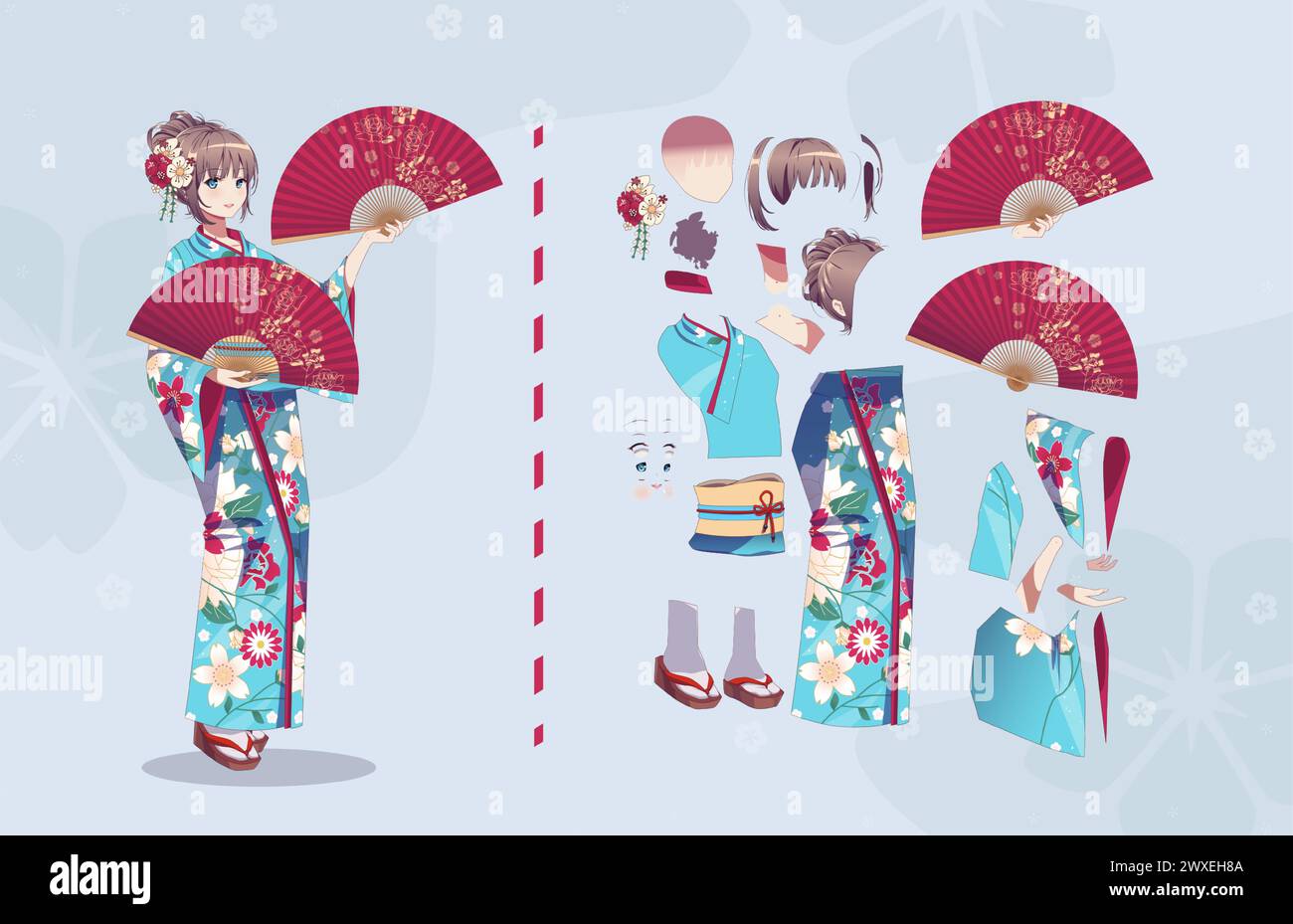 Anime manga chica personajes de dibujos animados para animación, kit de  diseño de movimiento. Partes del cuerpo. Chica o geisha usando kimono  japonés de pie con papanicolaou de mano Imagen Vector de