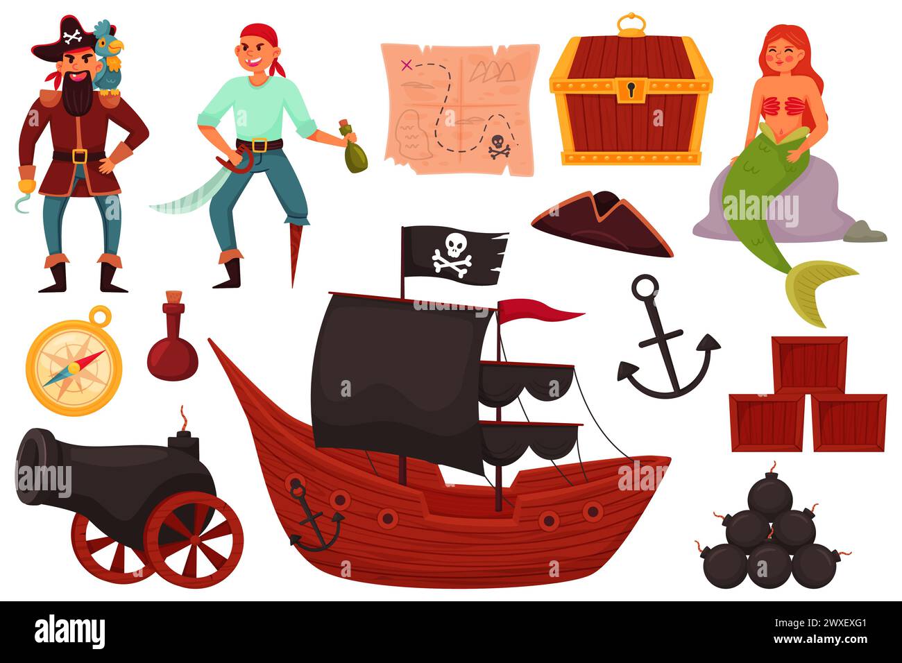 Artículos piratas. Divertido equipo marino, lindo capitán de la mano espada, marinero y sirena, barco con velas negras, elementos aislados de dibujos animados, cañón y ancla, tre Ilustración del Vector