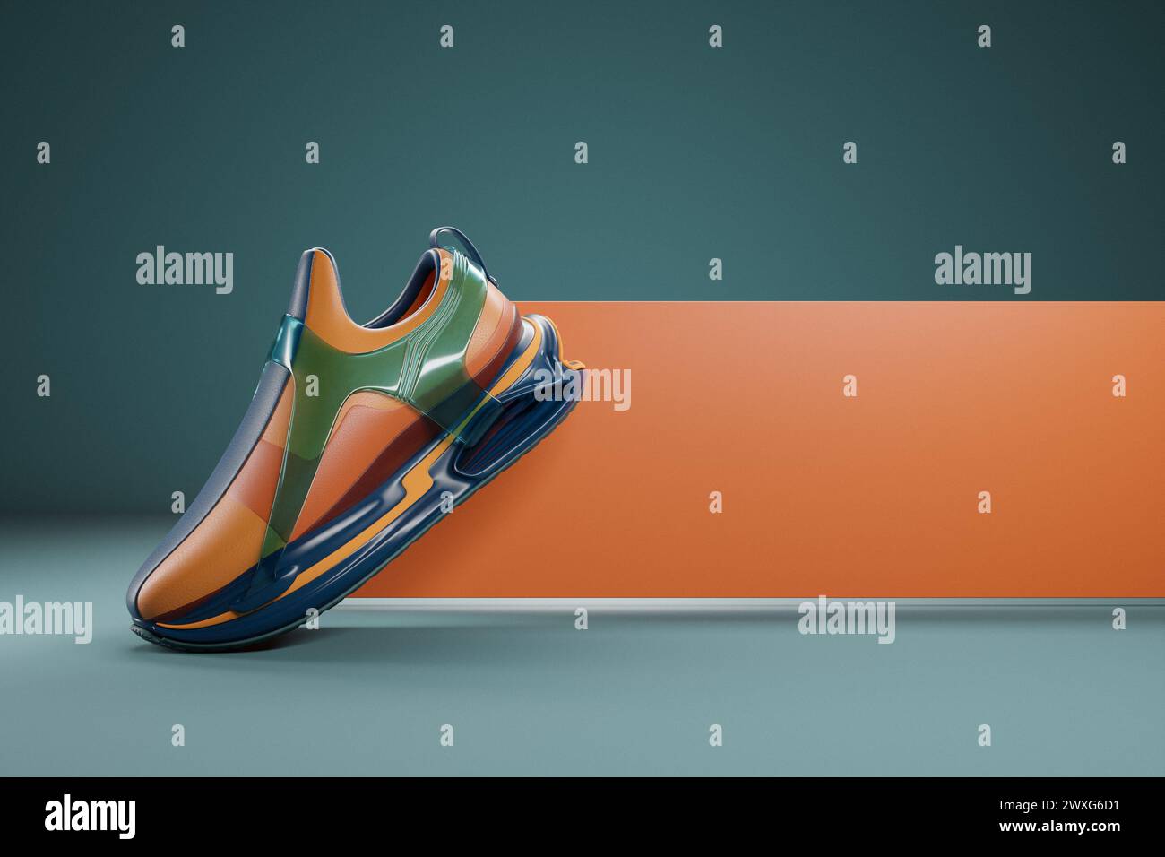 Sneakers coloridas en la suela. El concepto de zapatillas de deporte de moda brillante, representación 3D. Foto de stock
