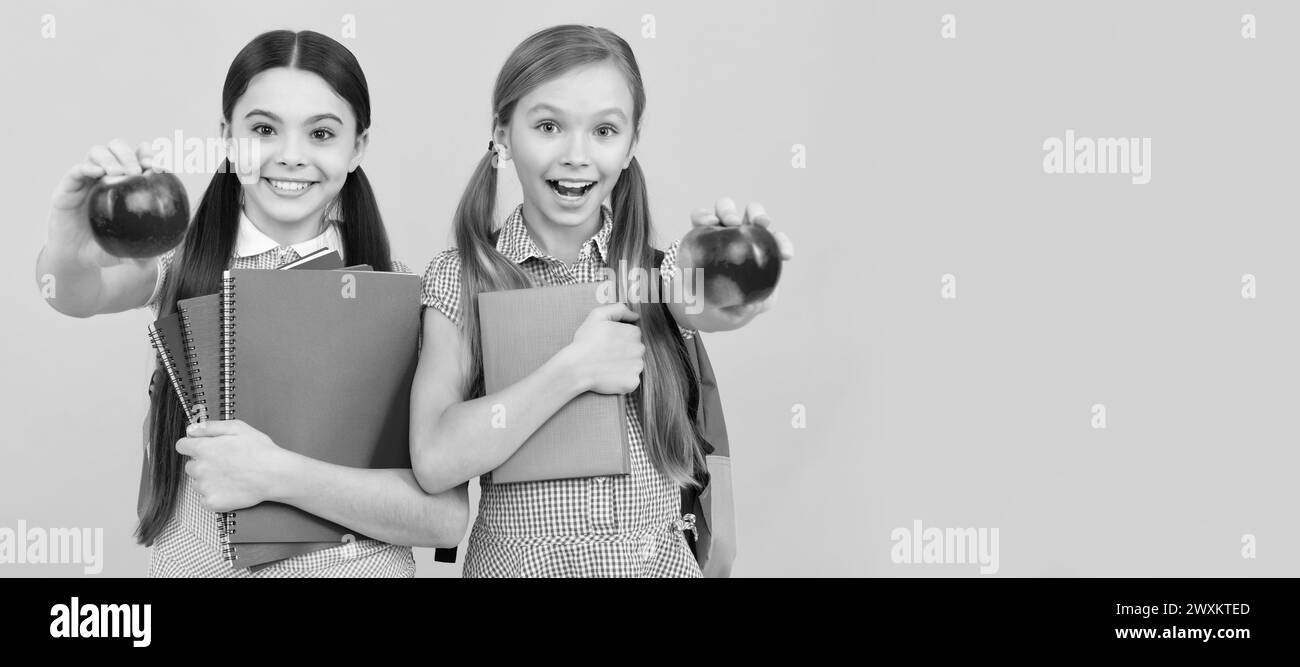 Amigos de las niñas de la escuela. Niñas adolescentes felices con los libros muestran manzanas. Retrato de estudiante, cabecera de banner de estudio. Cara del niño escolar, copyspace. Foto de stock