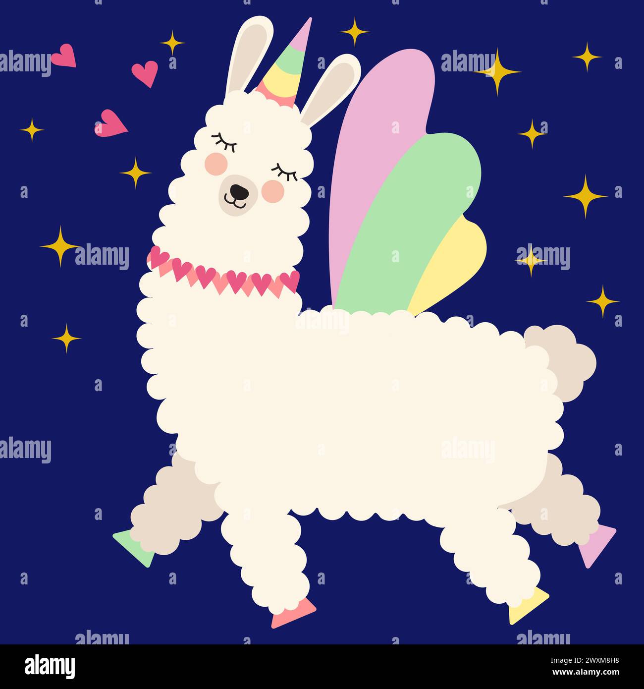 Lindo unicornio de alpaca volando en el cielo nocturno, ilustración vectorial. Dibujos animados soñando llama con cuerno y alas para tarjetas de felicitación, invitaciones, camisetas Ilustración del Vector