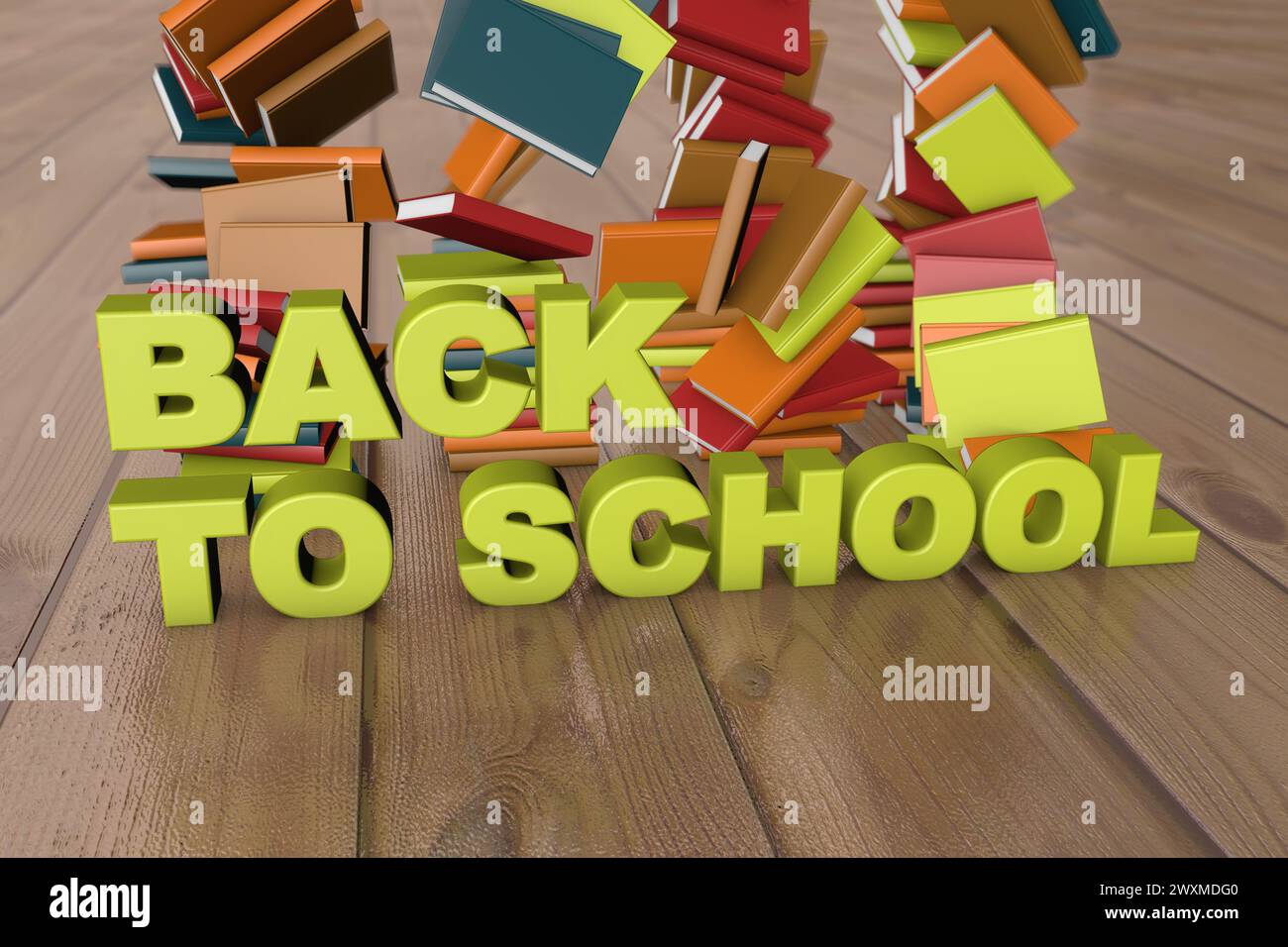 Libros coloridos se cascan alrededor del texto de 'Regreso a la Escuela' Foto de stock