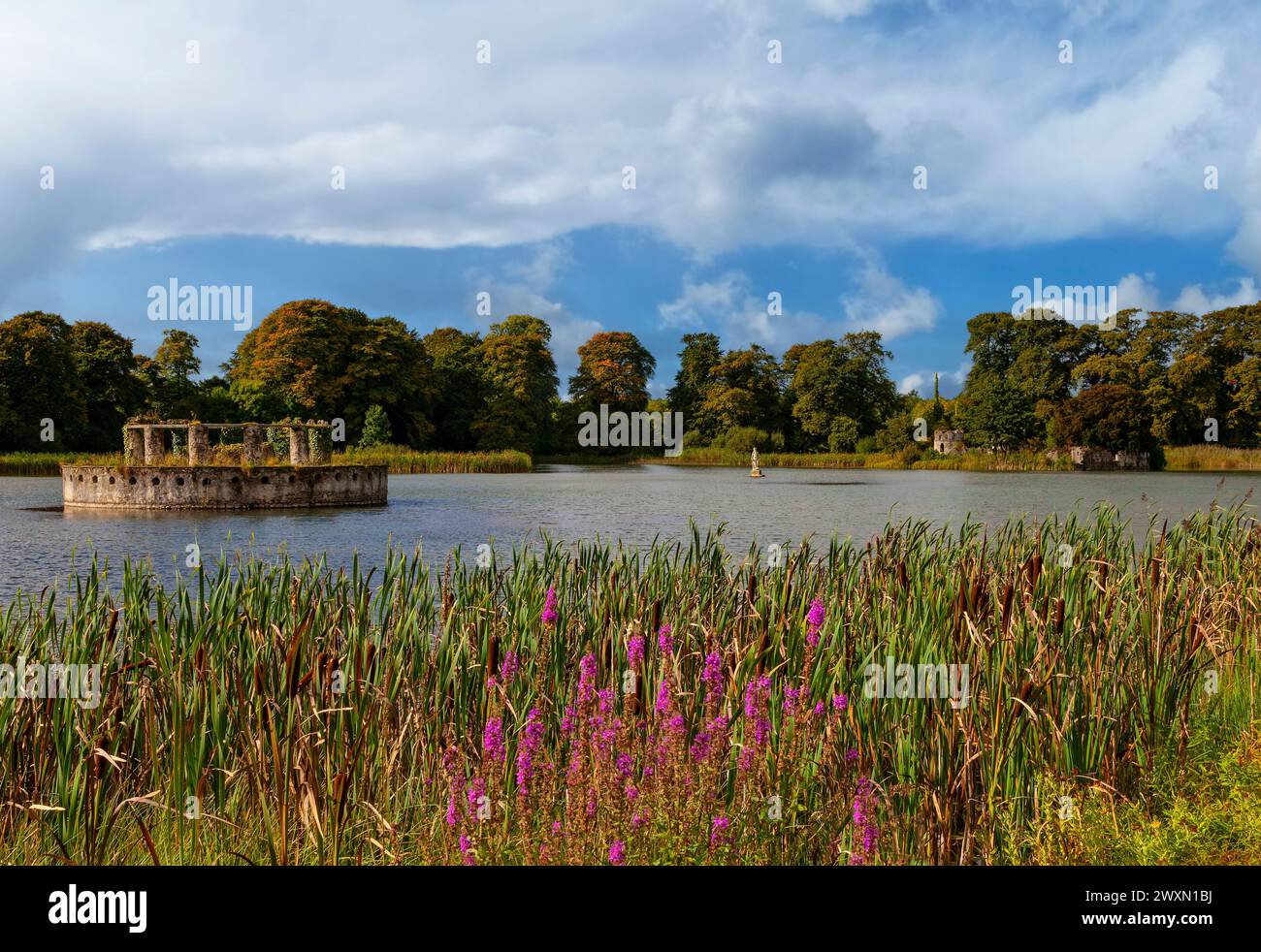 La locura del templo del lago, en Larchill Arcadian Gardens en el condado de Meath, Irlanda, el único suviving Ferme Ornée'en Europa. Foto de stock