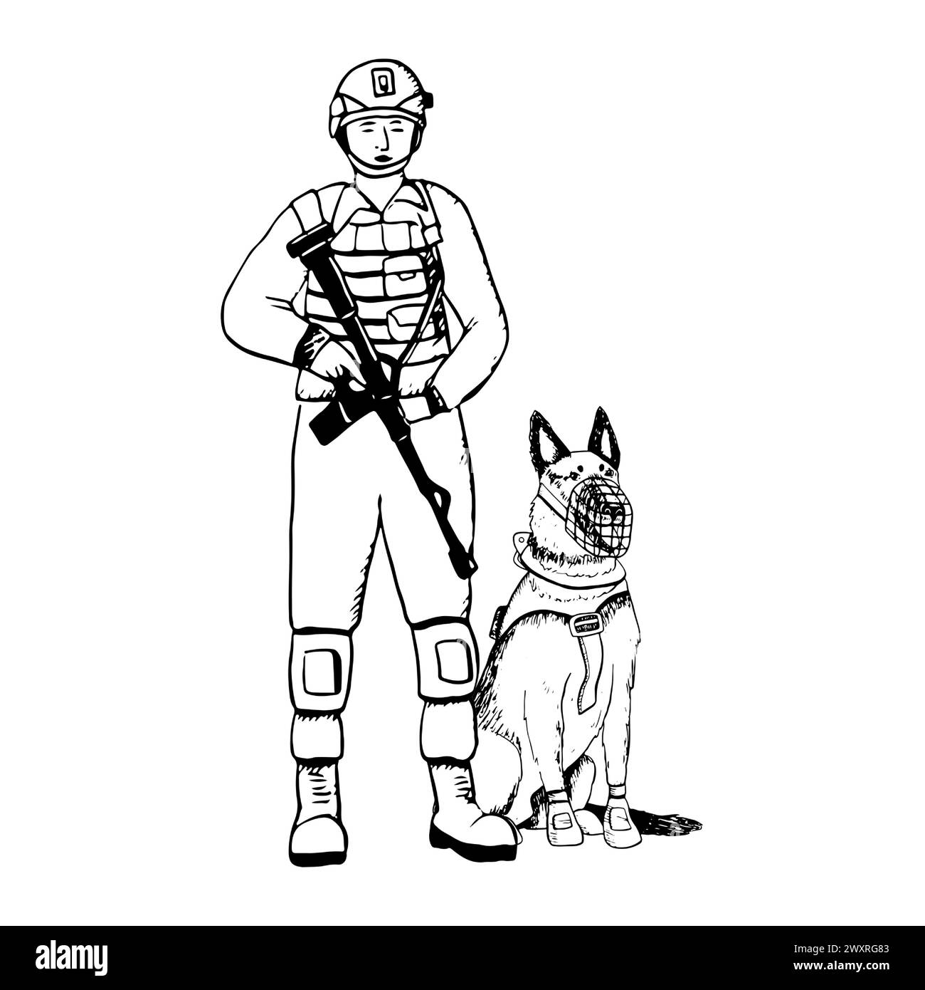 K9 soldado con perro sentado del pastor alemán Ilustración del Vector