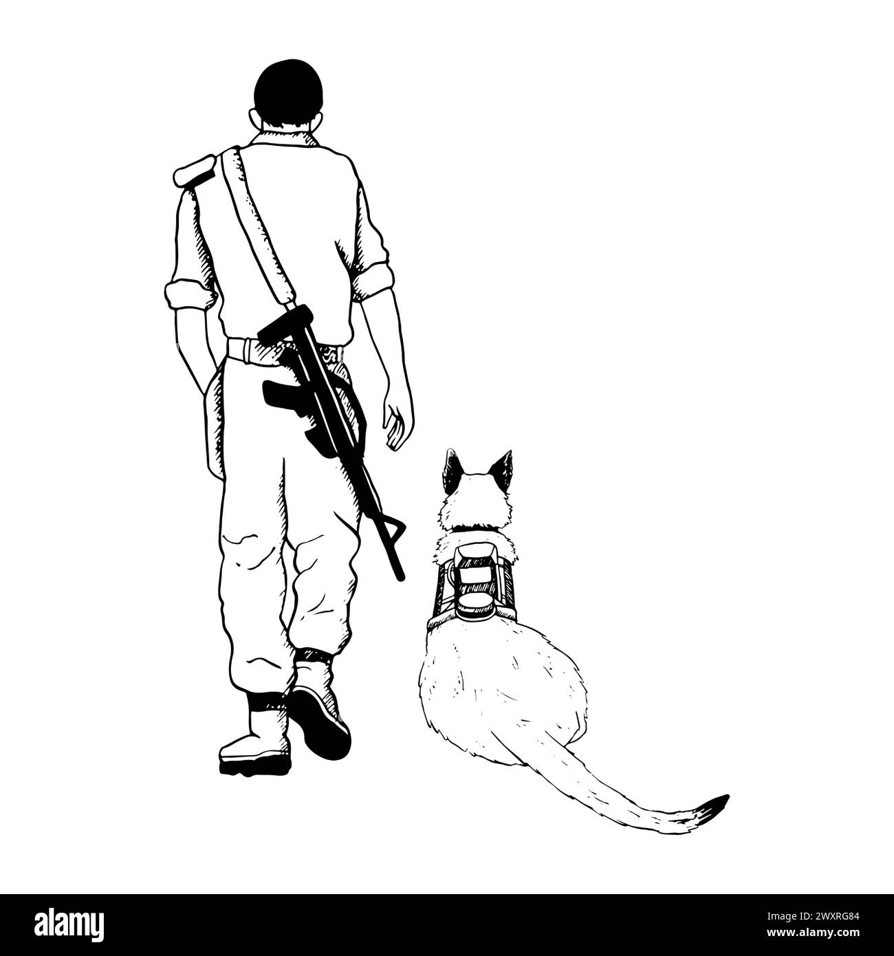 Perro K9 y soldado caminando vista trasera Ilustración del Vector