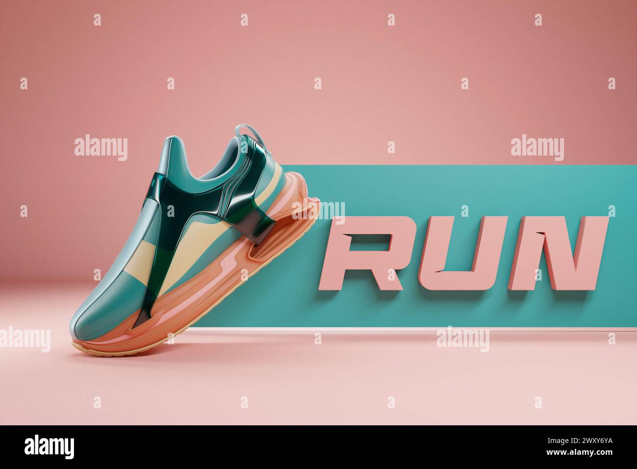 ilustración 3d de nuevas zapatillas deportivas coloridas en una suela de espuma de colores enormes, zapatillas con la frase correr. Zapatillas de moda. Foto de stock