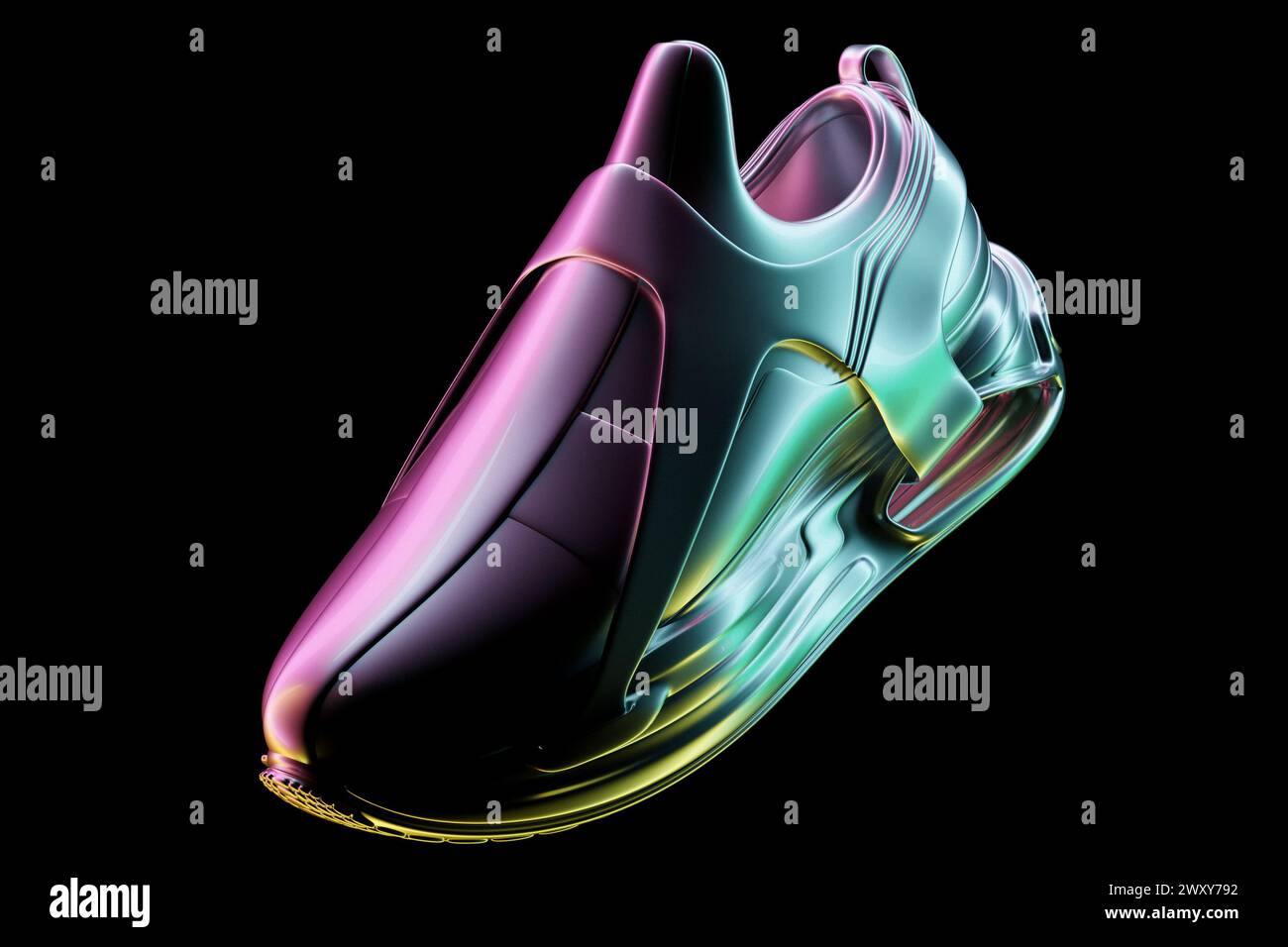 ilustración 3d de zapatillas de deporte de colores con suelas de espuma y cierre bajo color neón sobre un fondo negro. Zapatillas con vista lateral. Zapatillas de moda. Foto de stock