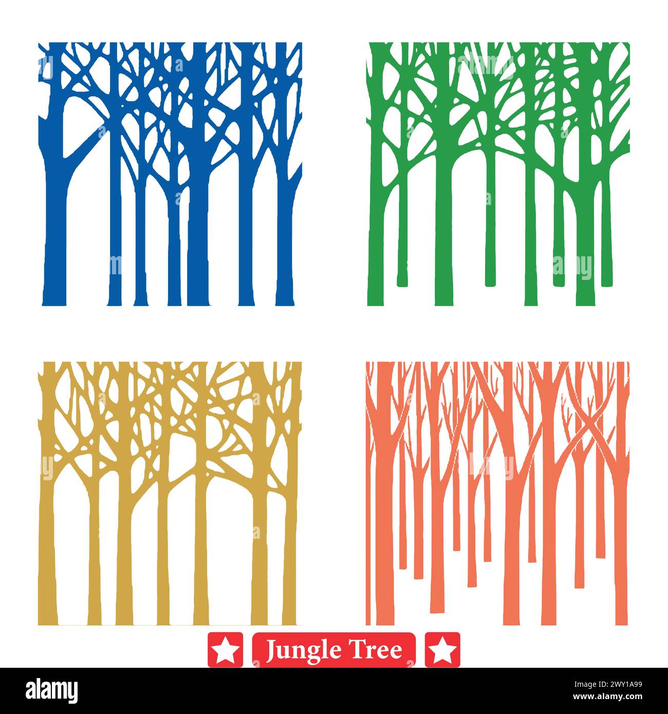 Denso verdor tropical Vibrantes diseños de silueta del árbol de la selva Ilustración del Vector