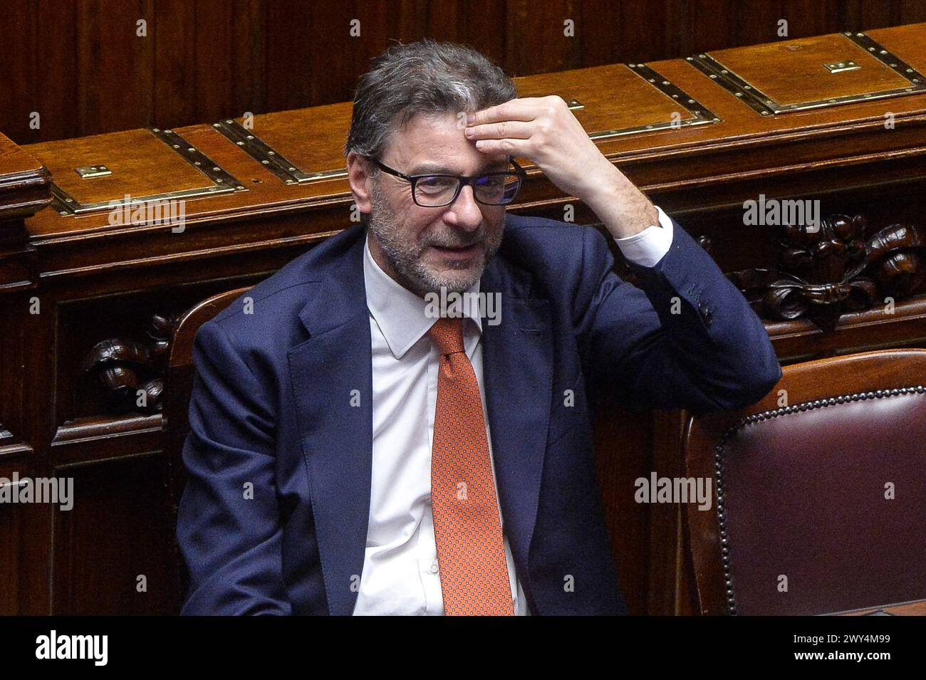 Italia, Roma, 3 de abril de 2024 : Giancarlo Giorgetti, ministro de Economía, participa en la Cámara de Diputados en el debate y la votación de la moción de censura contra Matteo Salvini Foto © Stefano Carofei/Sintesi/Alamy Live News Foto de stock