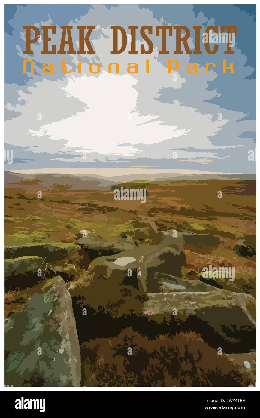 Stanage Edge Millstones, Derbyshire Nostálgico concepto de cartel de viaje retro del Parque Nacional Peak District, Inglaterra, Reino Unido en el estilo de proyecto de trabajo Ilustración del Vector