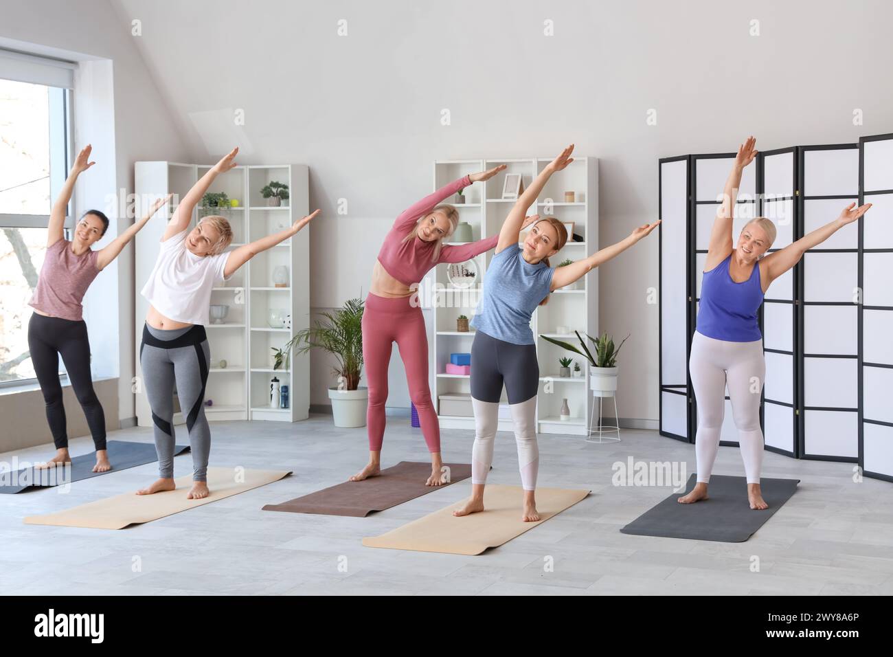 Grupo de mujeres maduras deportivas haciendo yoga en el gimnasio Fotografía  de stock - Alamy