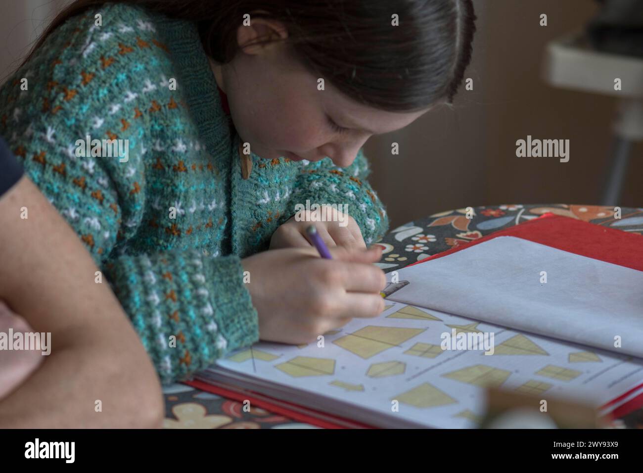 Niña, 10 años, haciendo tareas escolares, Mecklemburgo-Pomerania Occidental, Alemania Foto de stock