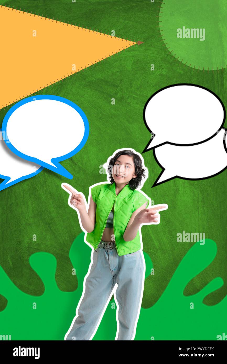 Foto creativa, collage, chica joven en fondo colorido con burbuja de texto, banner para redes sociales. Foto de stock